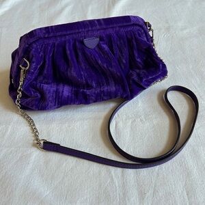 Purple Faux Ruched Velvet Clutch Purse with Silver Chain Strap
